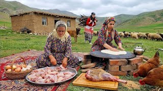 IRAN village life| cooking lamb leg,chickens and vegetables in rustic 