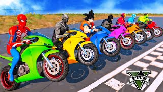 SPIDERMAN Racing Motorcycles Rescue Batman vs Iron Man vs Venom Funny Game GTA 5 Superhero Stunts