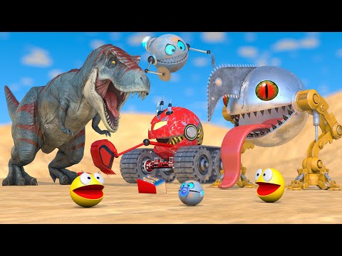 Pacman & Baby Robot Pacman vs Excavator Robot & Long-Tongued Walking ChainSaw Robot Pacman