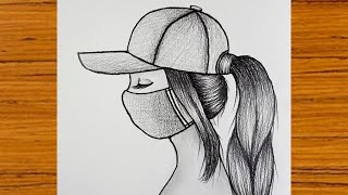رسم سهل||رسم فتاة كيوت ترتدي كمامة مع قبعة خطوة بخطوة||تعلم رسم فتاة ترتدي كمامة بطريقة سهلة