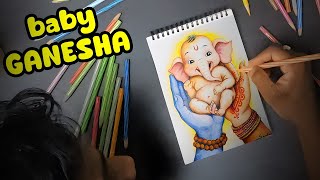 Easy Baby Ganesha Drawing with Water Color & Color Pencil