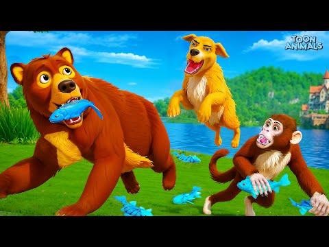 Crazy Monkey and Bear’s Fish Heist Adventure vs Dog | Comedy Animal Cartoons 2024!