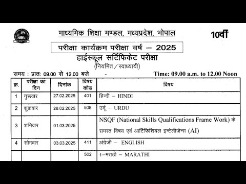 कक्षा 10 वार्षिक परीक्षा टाइम टेबल 2025 mp board Class 10 Time table final exam 2025 mp board