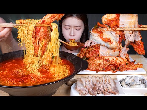 ASMR MUKBANG | 🔥 틈새라면 김장김치 굴보쌈 🔥,, 환상의 트리오 먹방! Spicy Ramyu Noodles & Fresh Kimchi & Oysters