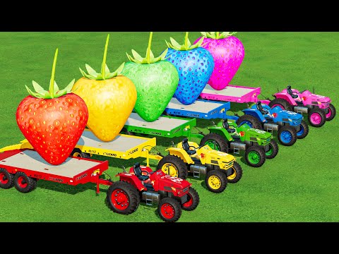 TRANSPORTING Mini TRACTORs & BIG STRAWBERRY with FLATBED TRAILER & CAT LOADERS!! FS22