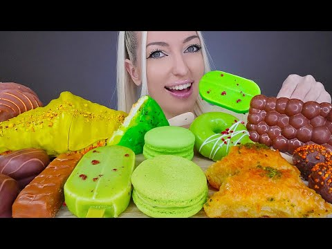 ASMR EATING CHOCOLATE & GREEN FOOD, ICE CREAM, BAKLAVA, CAKE, MACARONS, CROISSANT, MUKBANG, 초콜릿 먹방