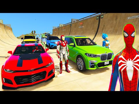 SPIDERMAN CARS COLOR Blocks TRAIN Tracks Ramp Challenge ! SUPERHEROES HULK Epic TANK Race - GTA V