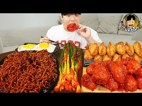 ASMR MUKBANG 직접 만든 양념 치킨먹방! 튀김만두 짜파게티 레시피 & 먹방 FRIED CHICKEN AND BLACK BEAN NOODLES EATING SOUND!