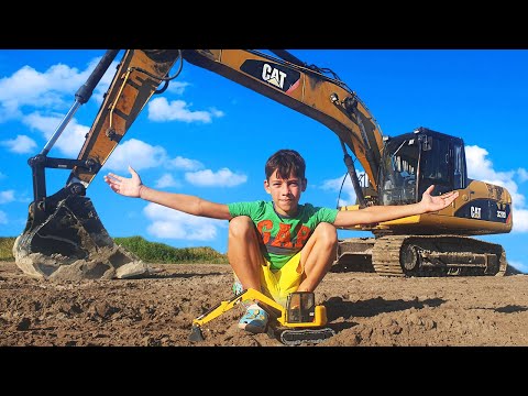 Story about Real Big Excavator CAT and toy trucks Bruder