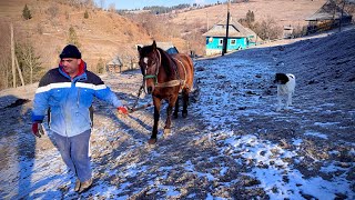 The father of a large family is engaged in farming. Village and Winter