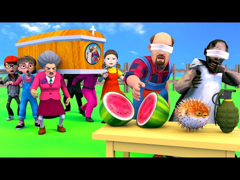 Scary Teacher 3D vs Squid Game 2 Hand Fruit Cutting 5 Times Challenge With Coffin Dance Granny Loser