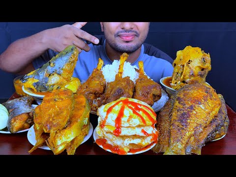 ASMR: Eating Mutton Nolli Bhuna, Crispy Fish Fry, Egg Omlette, Goat Head Curry with Rice_Eating Show