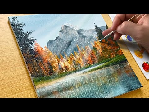 How to Draw a Lake Scenery Where Autumn Comes / Acrylic Painting