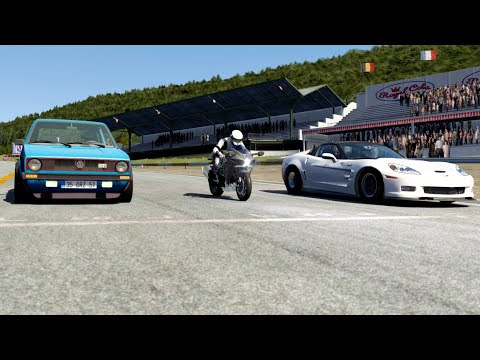 Drag Factory VW Golf MK1 vs Kawasaki Ninja H2 vs Drag Factory Chevrolet Corvette ZR1