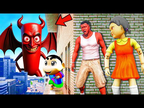 Franklin and Shinchan & Pinchan play HIDE AND KILL with Squid Game Doll In GTA 5