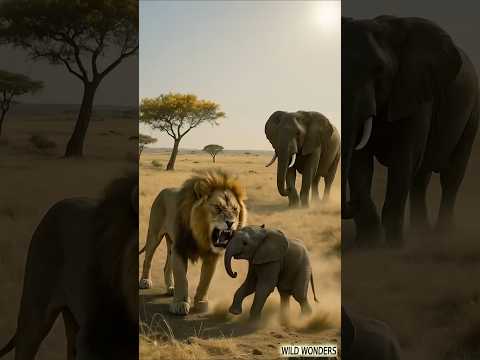The elephant bravely rescued the baby elephant and violently threw and bit the male lion