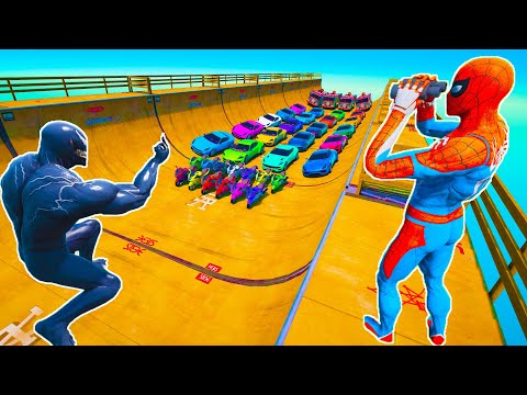 Carros com Homem Aranha! SPIDER MAN on Motorcycle Cars and Fire Truck Skate Zombi Bridge Stunt Ride