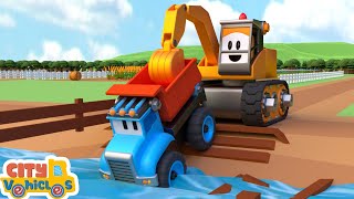 Car accident rescue--Excavator, bulldozer; dump truck and crane truck for Kids.