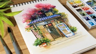 Watercolor Painting Idea Urban Sketching of a Shop Scene Step by Step
