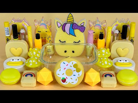 YELLOW SLIME 💛 Mixing makeup and glitter into Clear Slime. Satisfying Slime Videos 2160p.