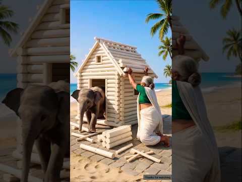 दादी और हाथी का बच्चा लकड़ी से एक घर बनाते हैं।  #Grandmother #house #Babyelephant #Wood #Shorts