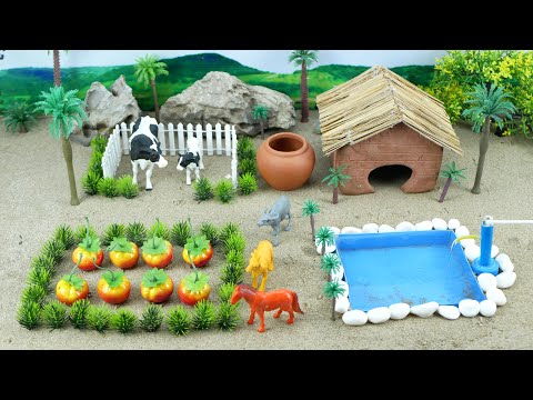 DIY Farm Diorama with house for cow, barn | mini hand pump supply water for animals