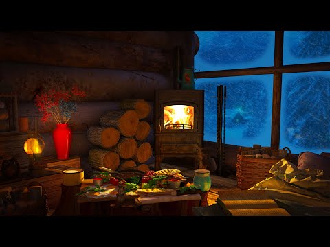 Relaxing Blizzard, Frosty Howling Wind and Fireplace - Cozy Winter Cabin Ambience