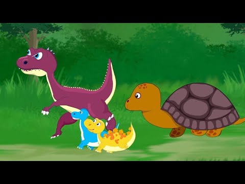 BABY Dinosaur Playing with Turtle Shell as Skateboard. Dinosaur Family