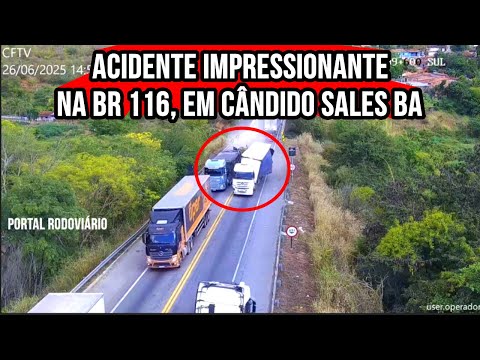 Carreta se envolve em acidente impressionante com outros 3 veículos na BR 116, em Cândido Sales BA