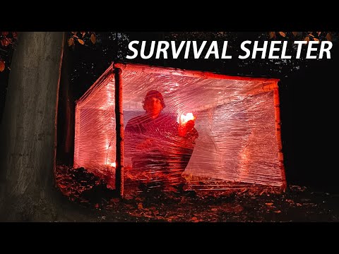 Building Survival Shelter from Plastic Wrap | Cooking Food on a Campfire | Overnight in Forest