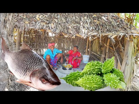 ROHU FISH CURRY & KARELA FRY cooking and eating by santali tribe couple