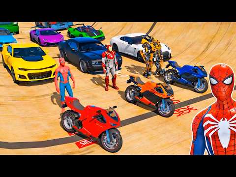 HOMEM ARANHA E AMIGOS SUPER HEROIS! DESAFIO COM CARROS e MOTOS vs AMONG RAMP - GTA V