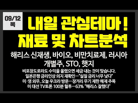 내일 관심테마! 해리스,신재생,바이오,비만치료제,자율주행,개별주,STO/ SK이터닉스,필옵틱스,와이씨켐,SDN,우리바이오,제일일렉트릭,포스코퓨처엠,셀바스헬스케어,셀루메드,펩트론