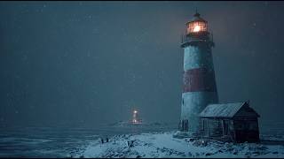 Sounds of a Heavy Night Snowstorm at an Old Lighthouse. Strong Winter Winds and Howling Blizzard.