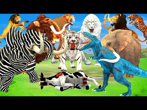 5 Giant Mammoth Elephant Cow vs 5 Giant Lion Tiger vs Hybrid Elephant Zebra Saved By Woolly Mammoth