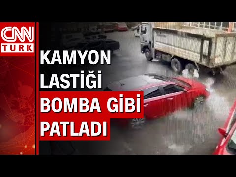 Kamyon lastiği patladı; 3 dükkan ve 1 araba hasar gördü