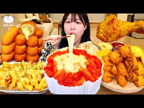 ASMR MUKBANG| 엽기떡볶이 후라이드 치킨 치즈볼 튀김 먹방 & 레시피 FRIED CHICKEN AND Tteokbokki EATING