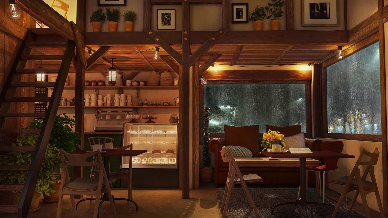 Cozy café interior with warm lighting and plants