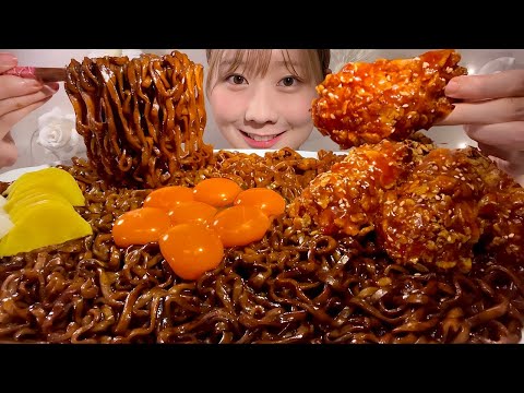 ASMR Jajangmyeon Spicy Korean Fried Chicken【Mukbang/ Eating Sounds】【English subtitles】