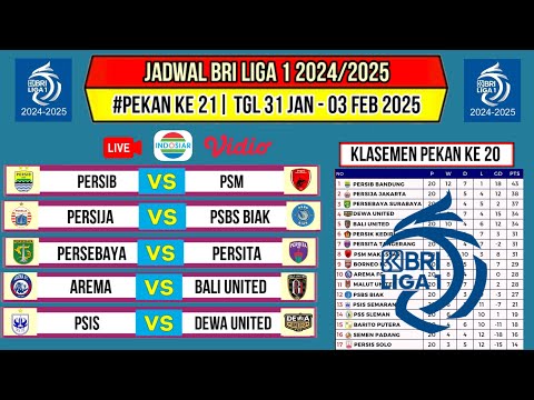 Jadwal Bri Liga 1 2024 Pekan ke 21~Persib vs Psm~Klasemen Bri Liga 1 2024 Terbaru~Live Indosiar