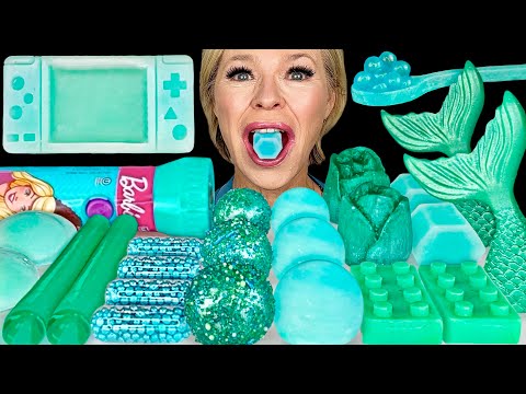 ASMR Teal Desserts Mukbang, Edible Game Boy, Jelly Mermaid Tails, Barbie Sour Candy 먹방