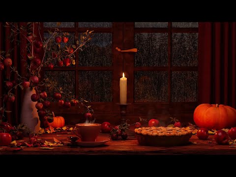 Rainy Autumn Window Ambience | Piano Music Rain, Distant Thunder, Cozy Crackling Fire