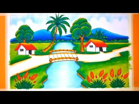 How to Draw Beautiful Landscape Village Mountain scenery Drawing Easy Step By Step