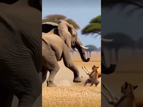 An elephant attacks a leopard carrying a deer and saves the deer.😱😱😱