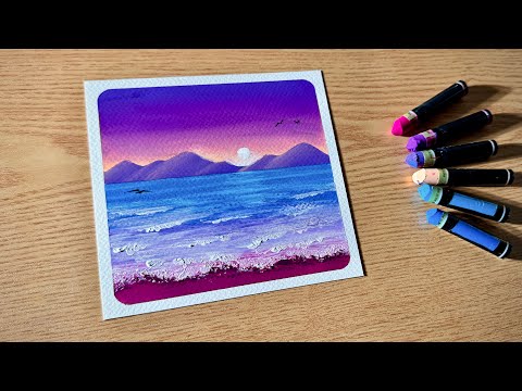 Beautiful Drawing with Oil Pastels / Beach with Mountains / Step by Step