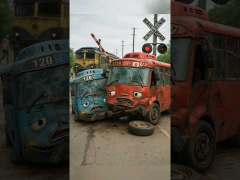 Bus tayo biru tabrakan dengan Bus tayo merah di rel kereta api