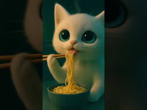 Cute Alien Cat Eating Glowing Noodles 🍜✨ Relaxing ASMR Short