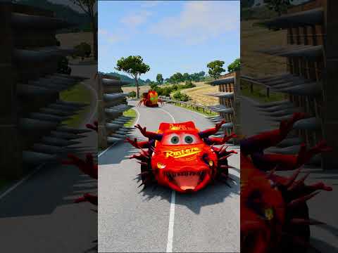 Cartoon Cars Vs Bollard Spikes Trap - BeamNG.Drive
