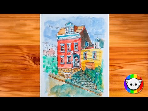 How to draw and paint a building scenery || आसान चित्र