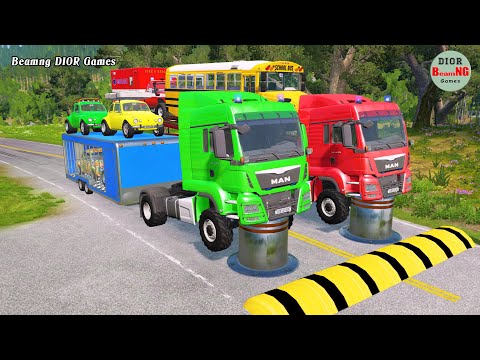 Double Flatbed Trailer Truck vs speed bumps|Busses vs speed bumps|Beamng Drive|1002